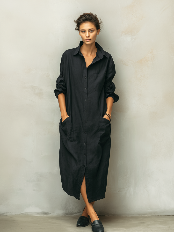 Vestido camisero de manga larga de mezcla de algodón y lino negro informal para mujer