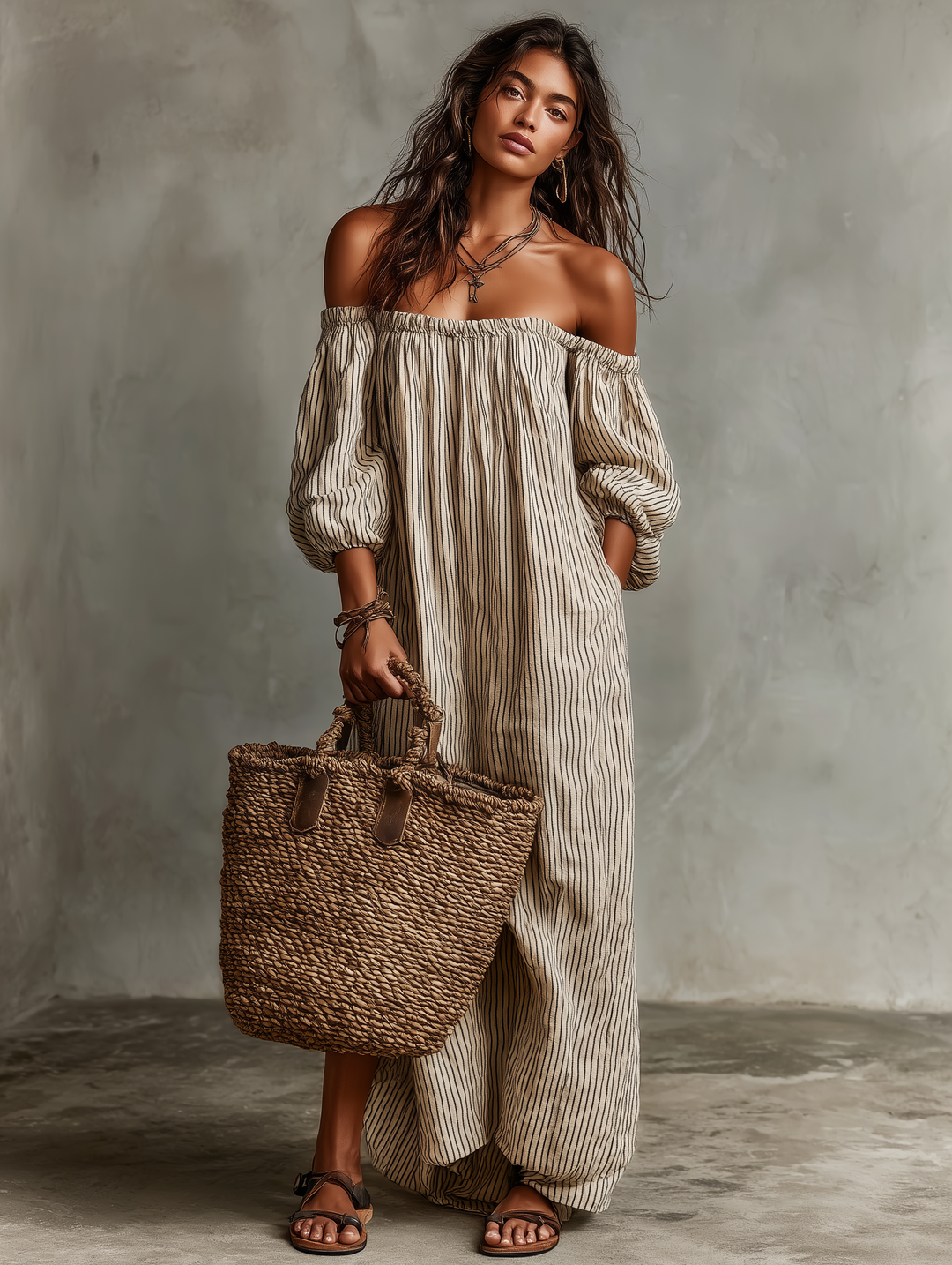 Vestido Feminino Longo de Algodão e Linho para Férias, Ombros à Mostra e Mangas Longas