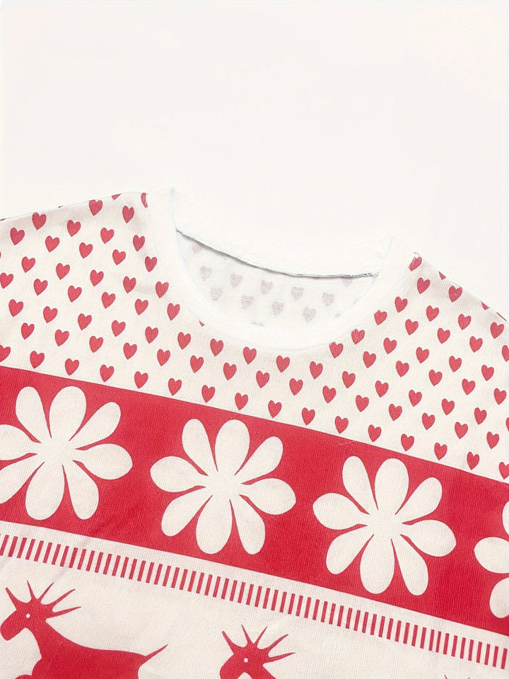 Cozy Red White Snowflake Christmas Holiday Pajamas for Women with Round Neck Long Sleeve Reindeer Two Piece Style