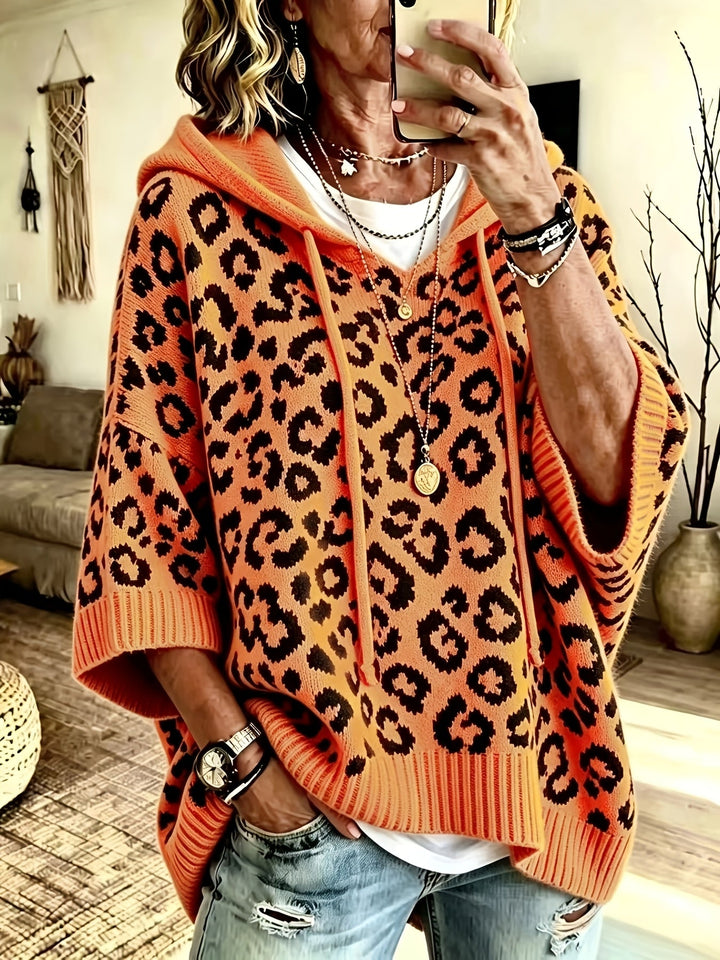 Comfortable Leopard Print Oversized Hoodie for Women with Hooded Neck Batwing Sleeve Drawstring Knit Style