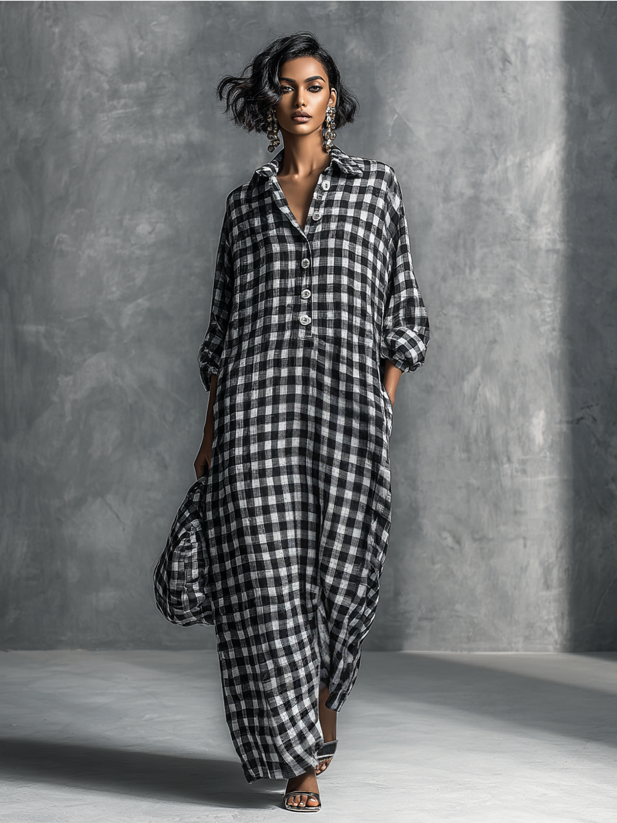 Women's Casual Black And White Checkered Shirt-style Long Dress
