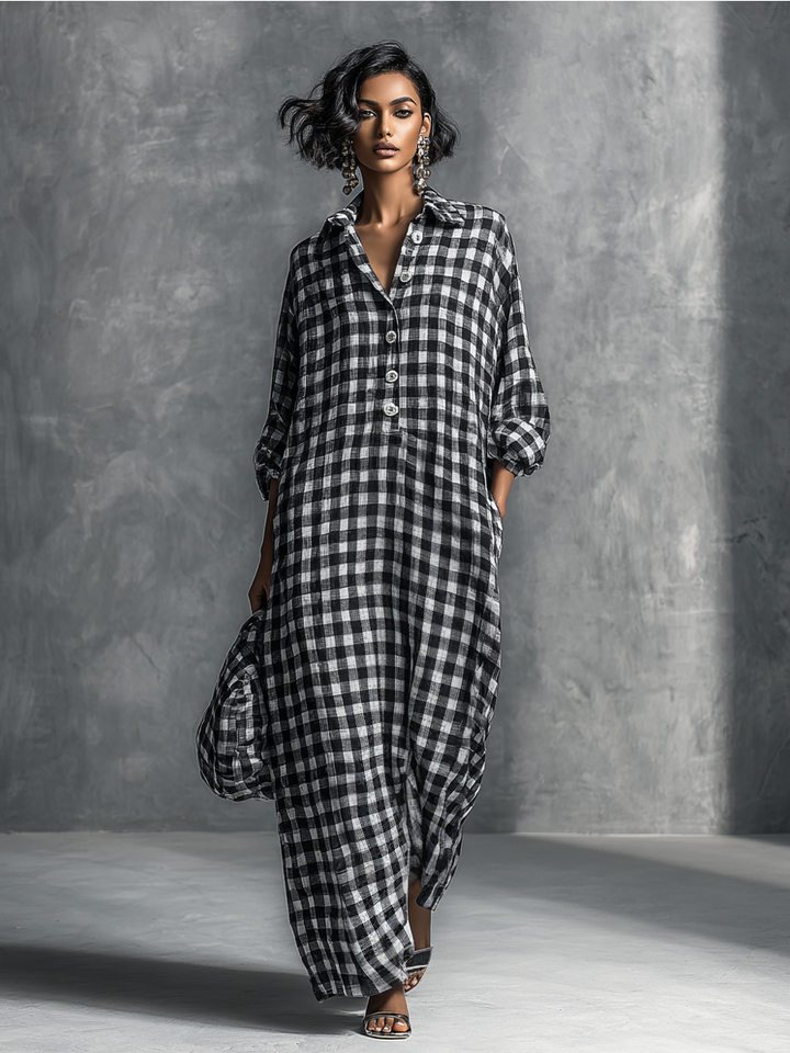 Women's Casual Black And White Checkered Shirt-style Long Dress