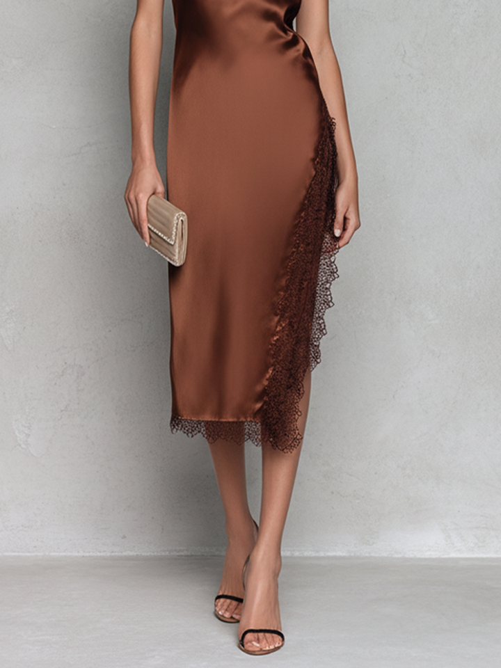 Women's Brown Stretch Satin One-Shoulder Lace Trim Midi Dress
