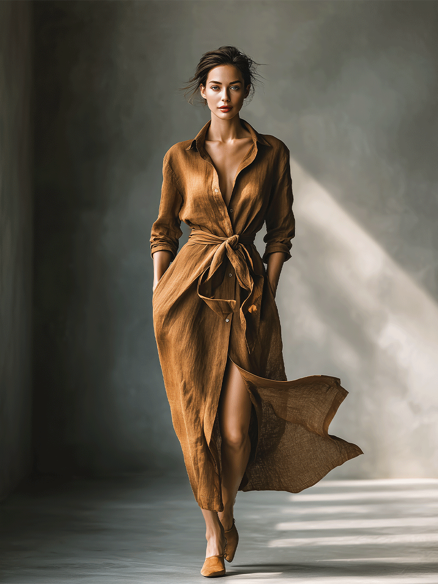 Damen Vintage Maxikleid im Braun-Mix mit Hemdoptik