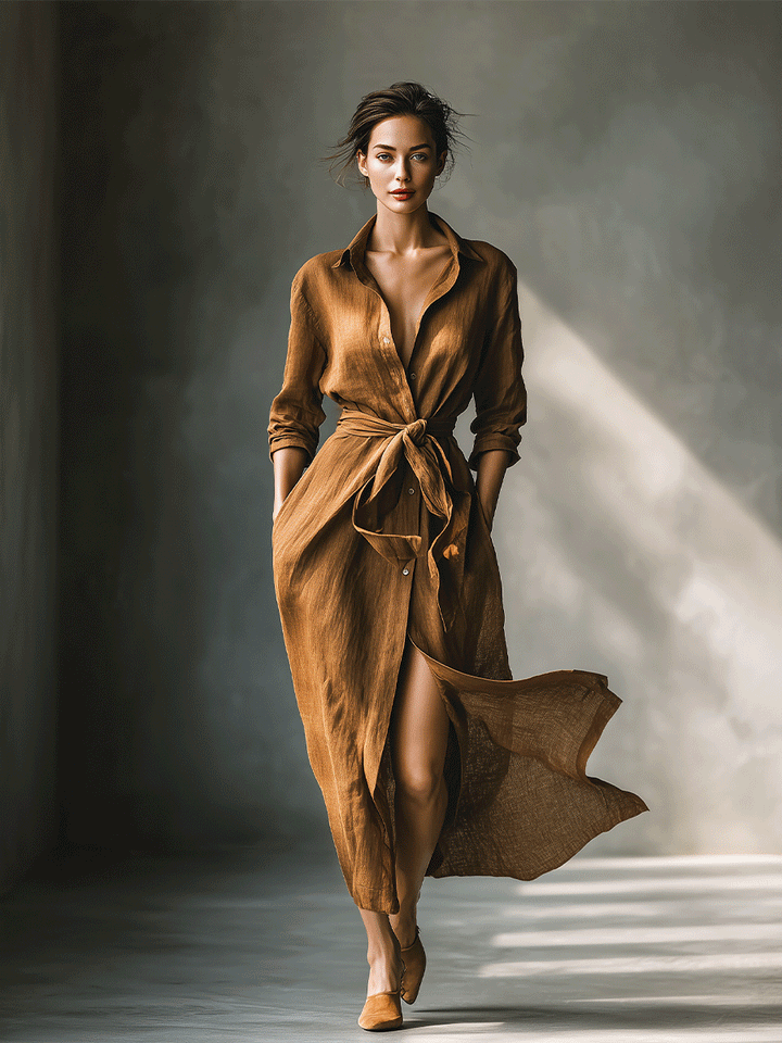Damen Vintage Maxikleid im Braun-Mix mit Hemdoptik