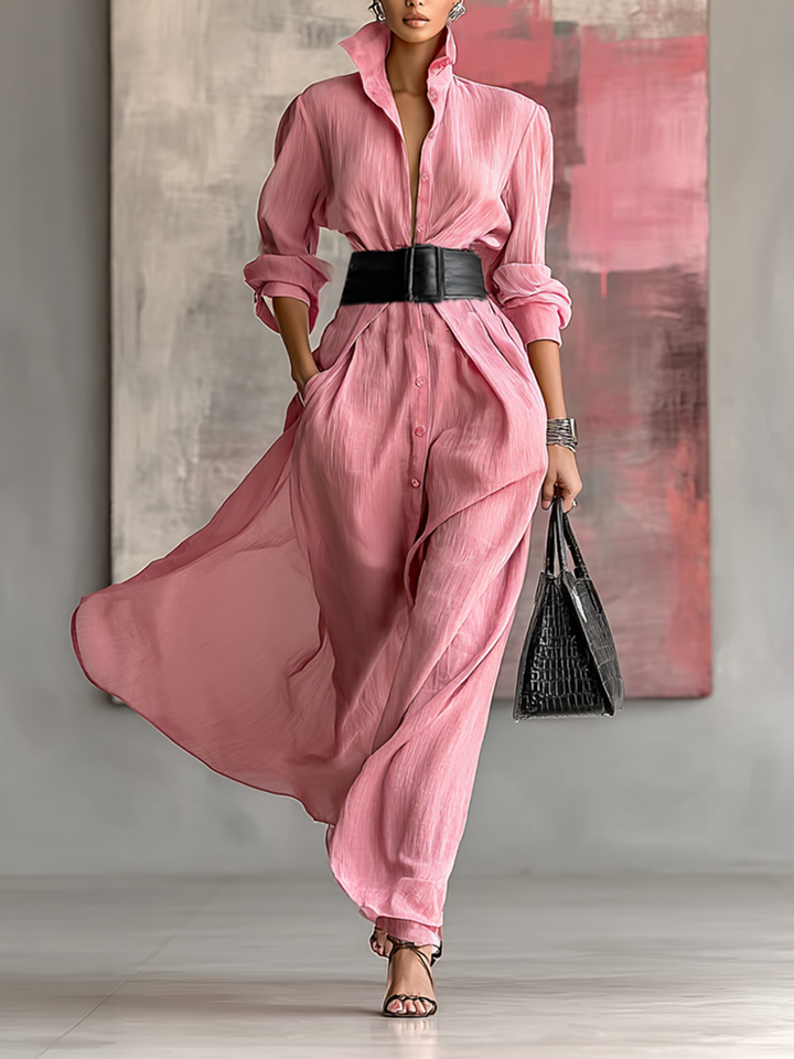 Vestido camisero largo de mujer, liso, con solapa, manga larga, abotonado y cinturón
