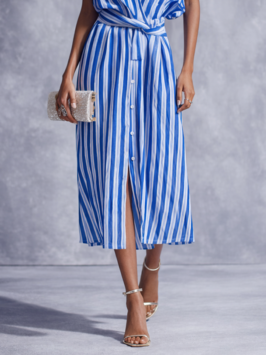 Women's Blue And White Striped Cotton Linen Wrap Shirt Midi Dress