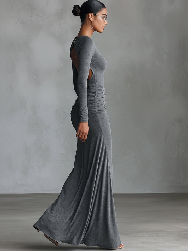 Dámské elegantní šedé maxi šaty z pružné polyester-bavlněné směsi s nařaseným otevřeným zády