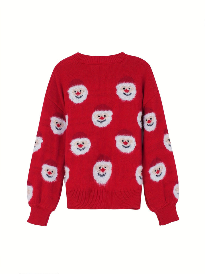 Cozy Red Santa Print Christmas Tacky Sweater for Women with Crew Neck Long Sleeve Oversized Knit Style