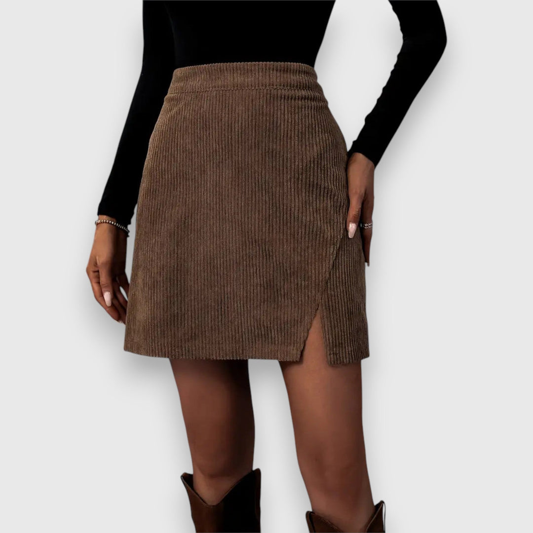 Stylish Brown Mini Skirt for Women with High Waist Corduroy Textured Front Split Fitted Casual Style