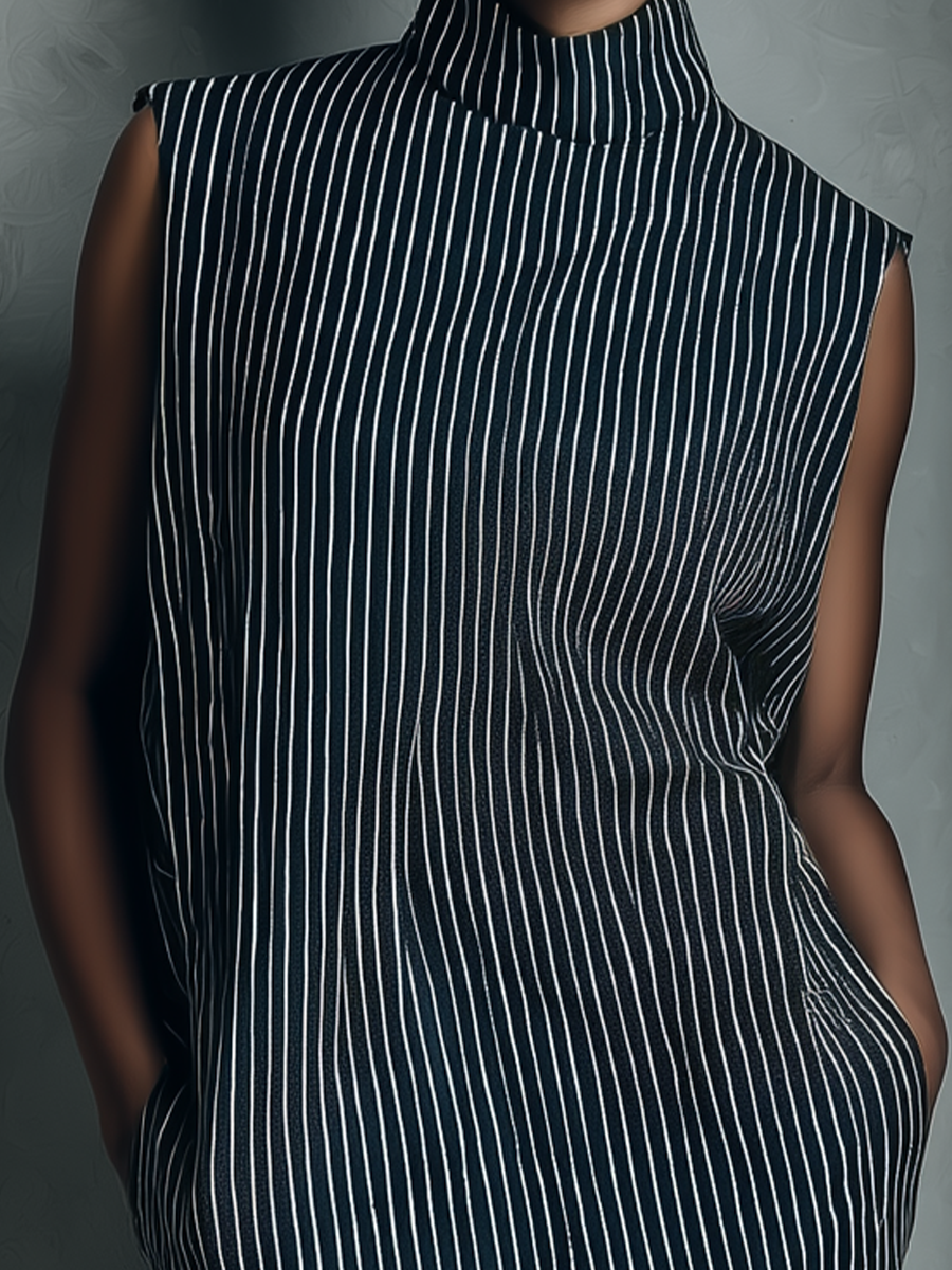 Women's Navy Striped Sleeveless Mini Dress With Side Pockets