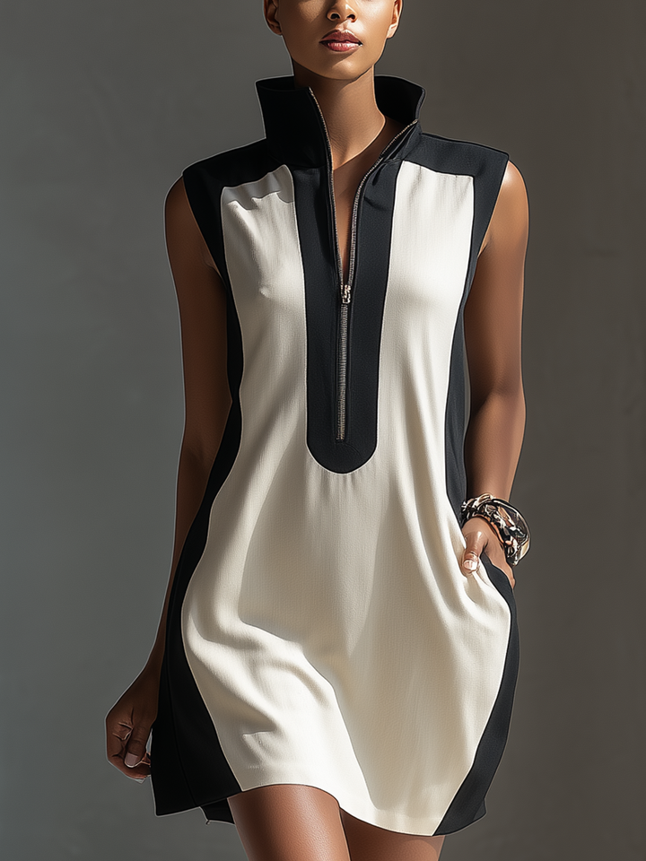 Minivestido blanco y negro con cuello alto y media cremallera para mujer