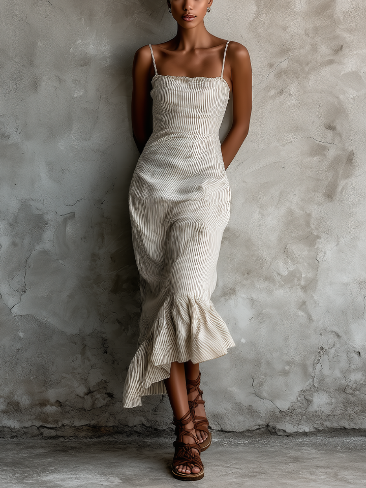 Maxivestido de tirantes finos con rayas beige, bajo asimétrico con volantes para mujer