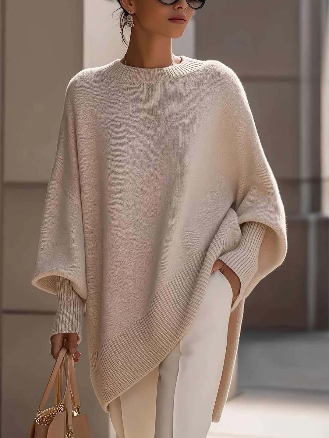 Comfortable Apricot Knit Fall Oversized Sweater for Women with Crew Neck Batwing Sleeve Ribbed Hem Relaxed Style
