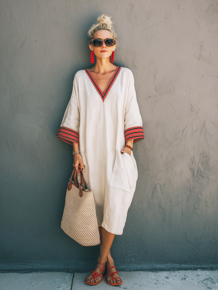 Women's Elegant White Cotton Linen V-neck Embroidered Mid-sleeve Loose Long Dress
