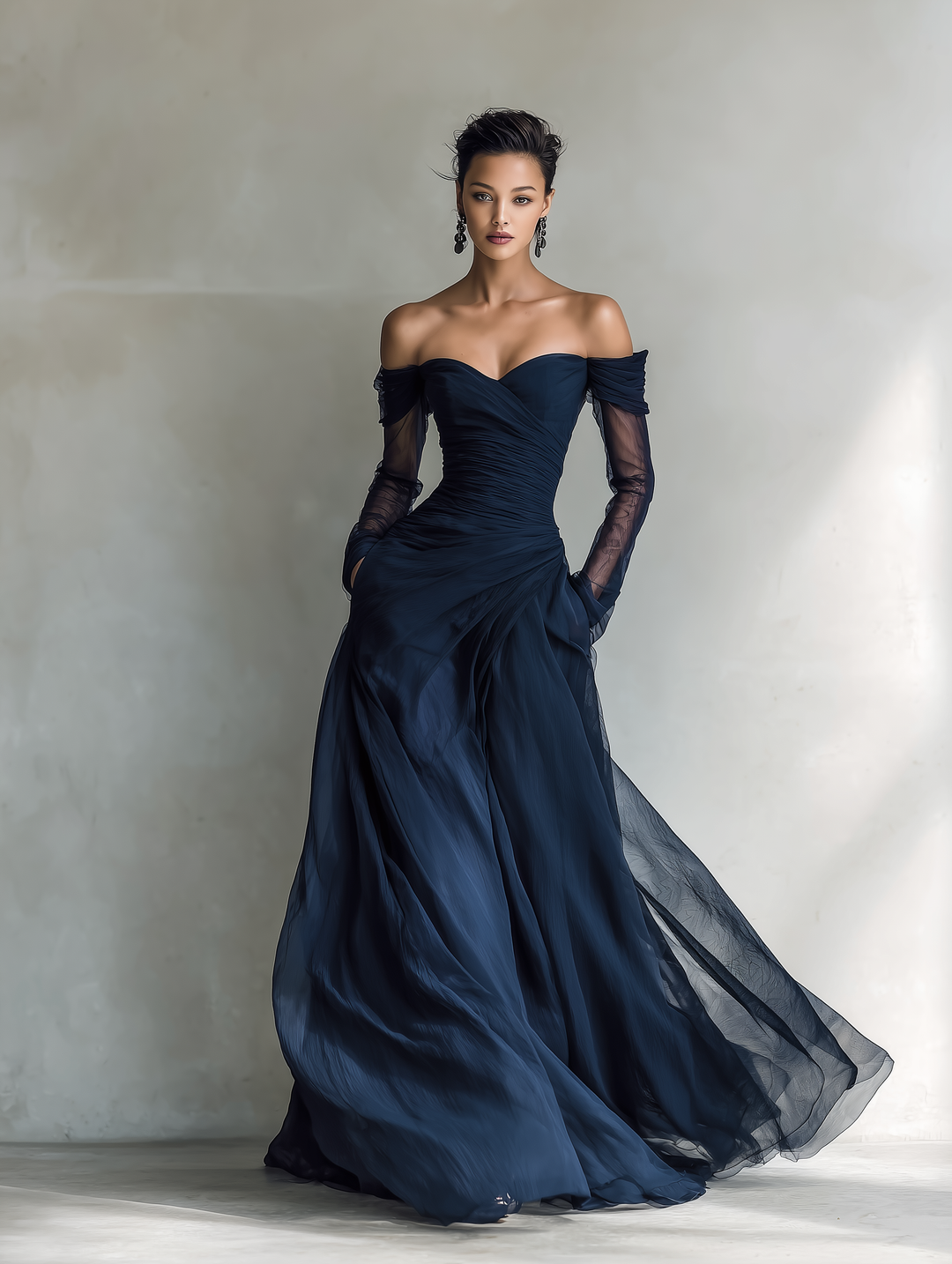 Women's Elegant Dark Blue Chiffon Organza Off-shoulder Long-sleeved Fitted Maxi Dress