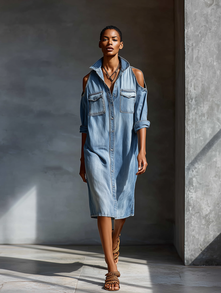 Women's Light Blue Denim Cold-Shoulder Shirt Dress With Chest Pockets