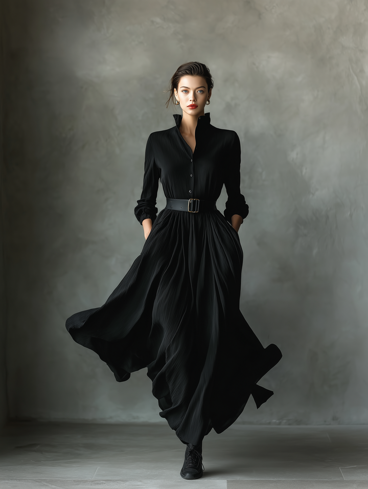 Vestido largo vintage plisado texturizado de mezcla de algodón negro para mujer