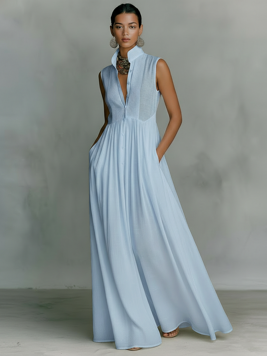 Vestido largo sin mangas de algodón y lino minimalista para mujer