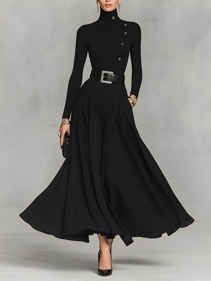 Damen Schwarzes Strick-Maxikleid mit elegantem hohem Kragen und Knopfdetails MDA1183K0I