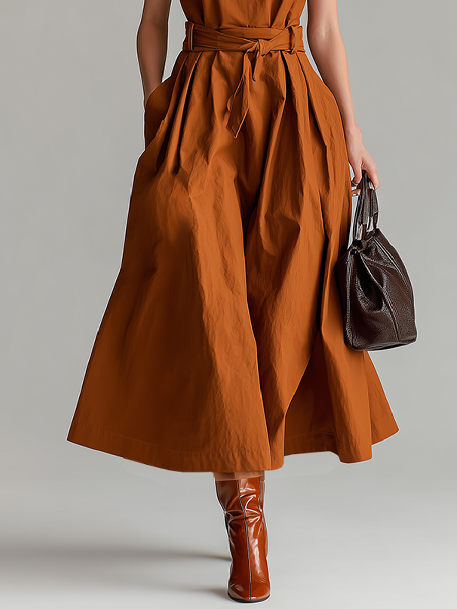 Women's Rust Cotton Dress With Halter Neck & Self-Tie Waist Belt, Timeless Minimalist-Elegant Style Dress