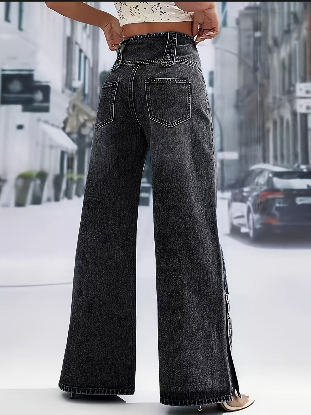 Effortless Black High Waisted Jeans for Women with Button Front Wide Leg Split Hem Style