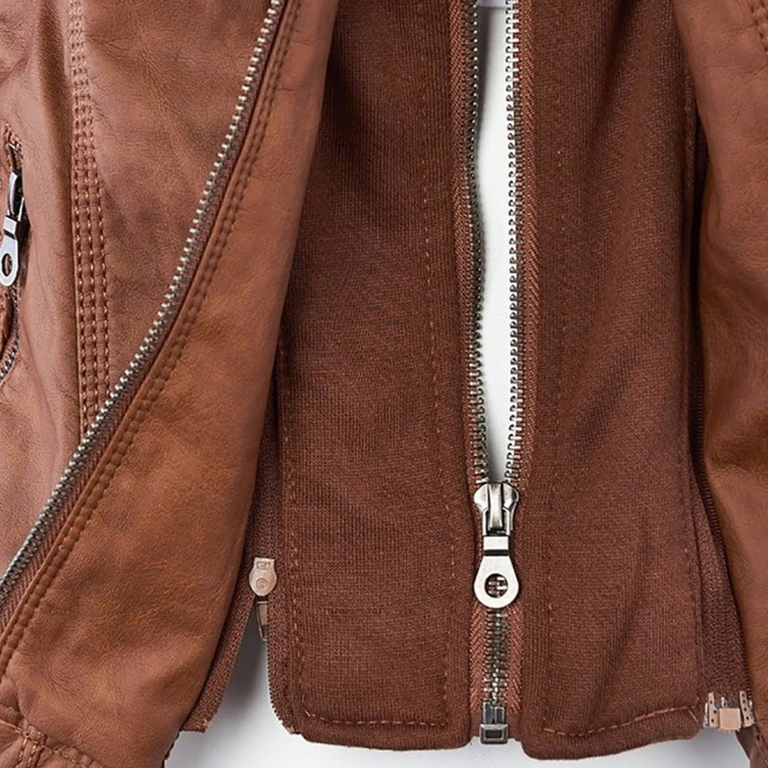 Elegant Brown Leather Jacket for Women with Hooded Long Sleeve Quilted Moto Style