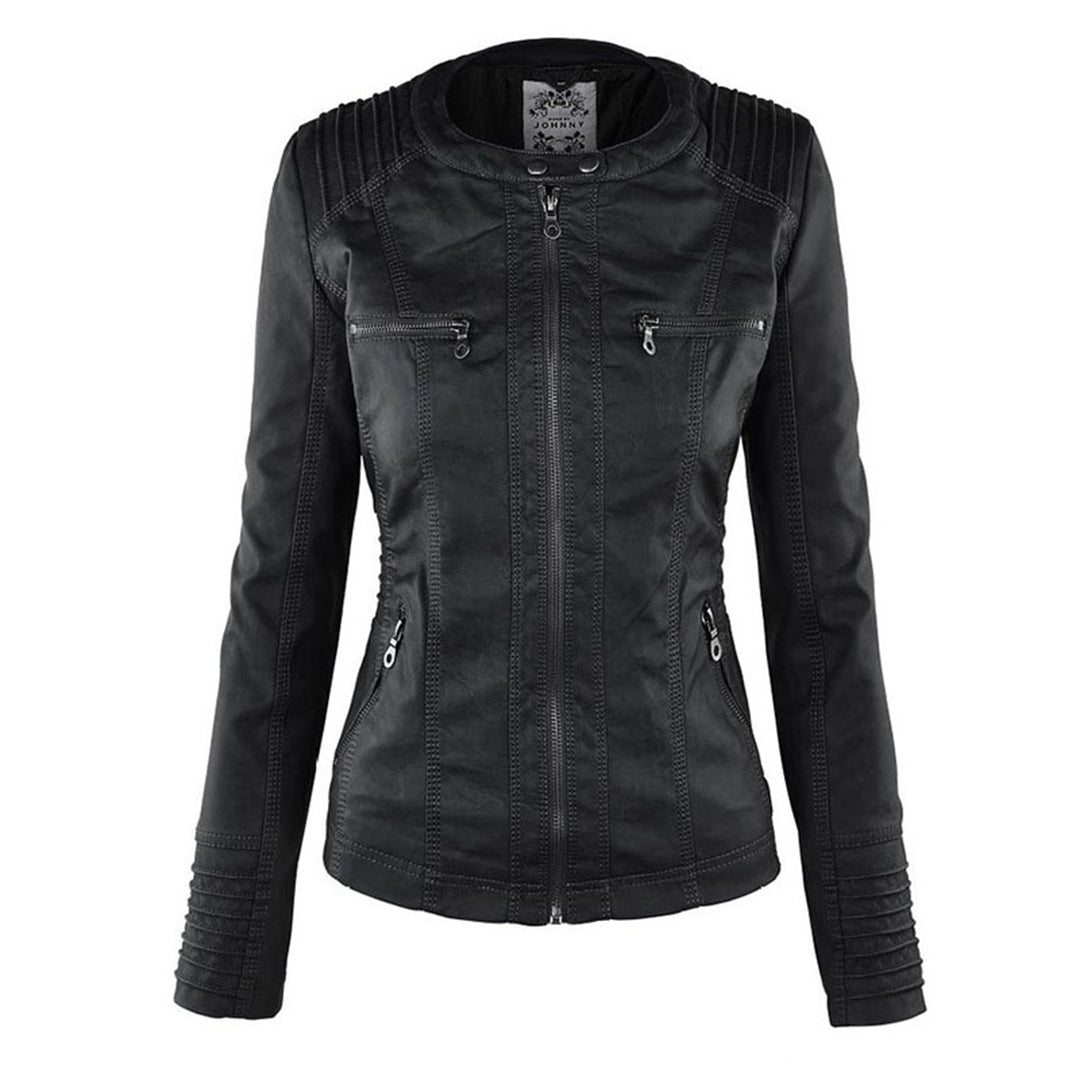 Elegant Brown Leather Jacket for Women with Hooded Long Sleeve Quilted Moto Style