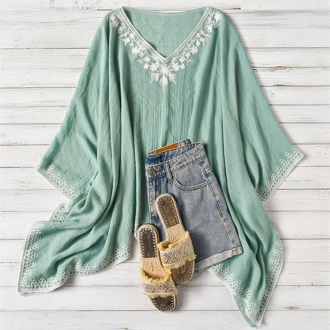 Effortless Poncho Shirt for Women with V Neck Embroidered Trim Draped Batwing Style