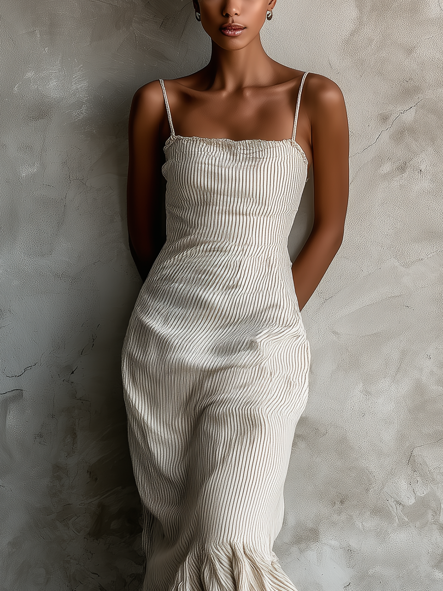 Maxivestido de tirantes finos con rayas beige, bajo asimétrico con volantes para mujer