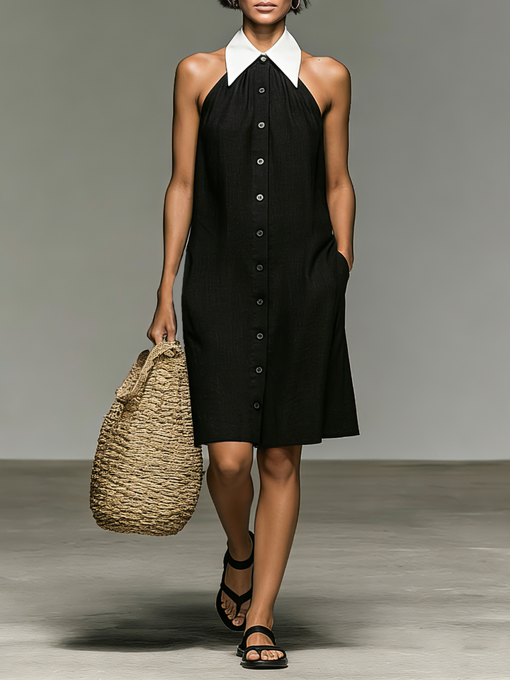 Vestido mini sin mangas con cuello y bloques de color de mezcla de lino minimalista para mujer