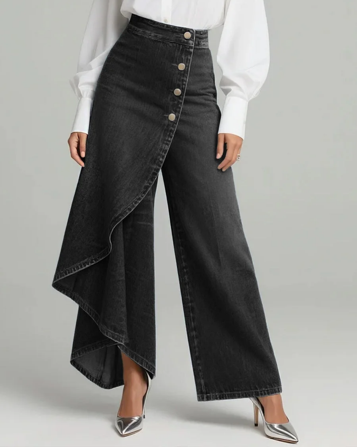 Effortless Black Jeans for Women with High Waist Button Front Ruffle Wide Leg Relaxed Style