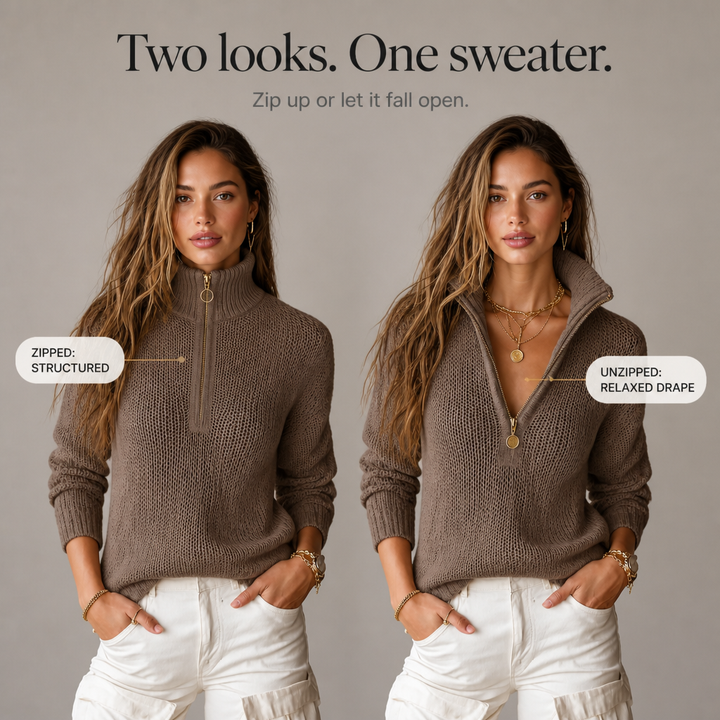 Comfortable Knit Sweater for Women with Zip Collar Long Sleeve Relaxed Oversized Fall Style