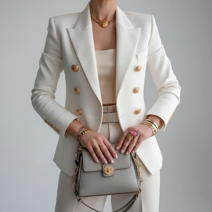 Elegant Double Breasted Blazer for Women with Long Sleeve Notch Lapel Gold Button
