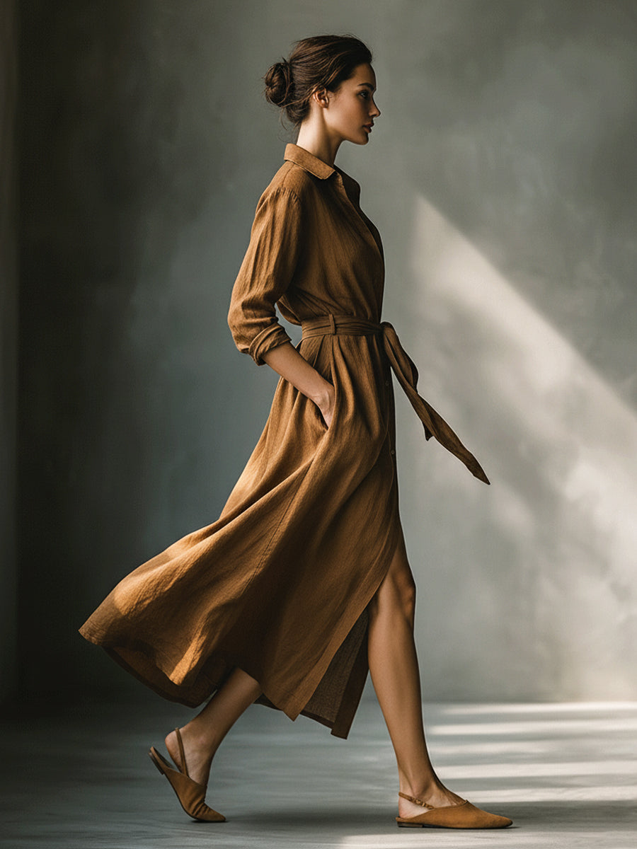 Damen Vintage Maxikleid im Braun-Mix mit Hemdoptik