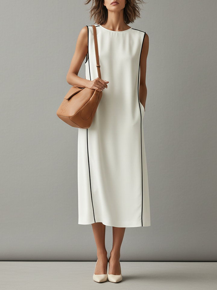 Women's White Cotton Dress With Contrast Piping & Side Pockets, Timeless Minimalist-Elegant Style Dress