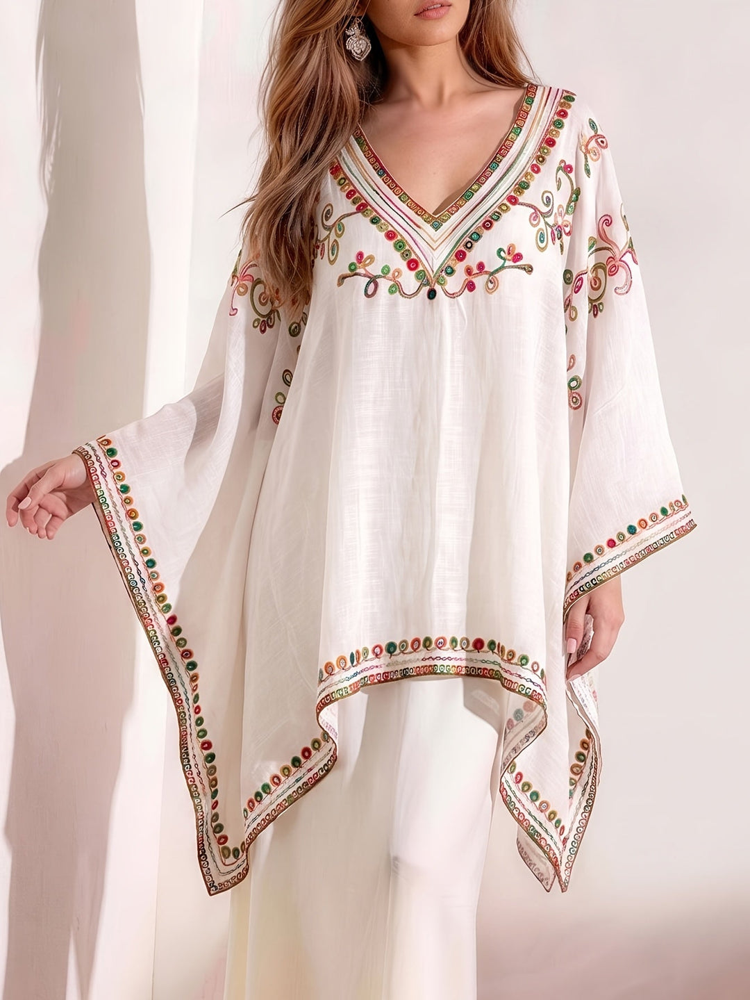 Effortless Poncho Shirt for Women with V Neck Embroidered Trim Draped Kaftan Style