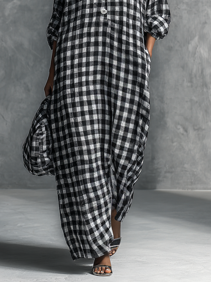 Women's Casual Black And White Checkered Shirt-style Long Dress