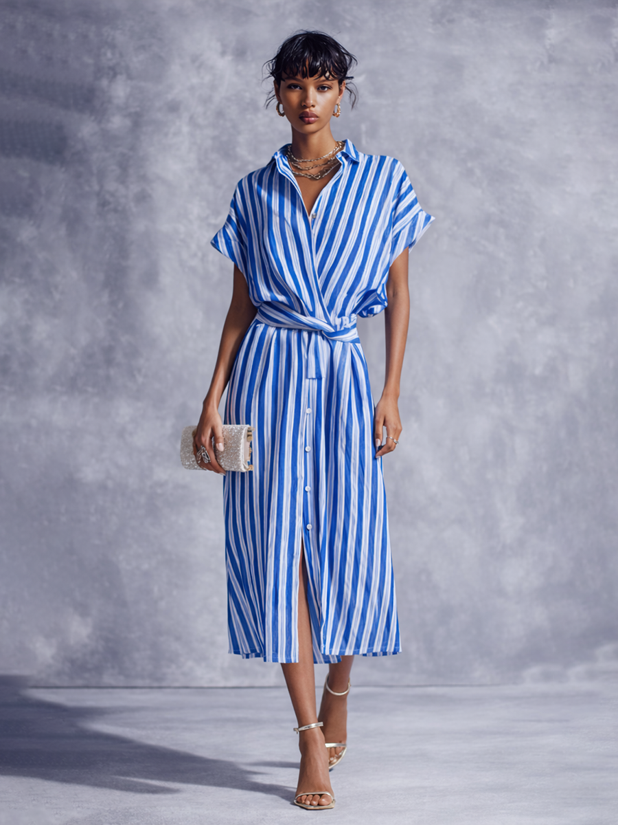 Women's Blue And White Striped Cotton Linen Wrap Shirt Midi Dress