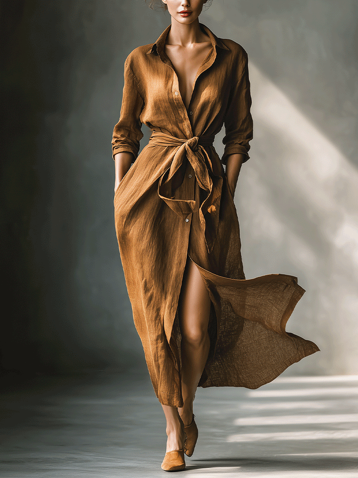 Damen Vintage Maxikleid im Braun-Mix mit Hemdoptik