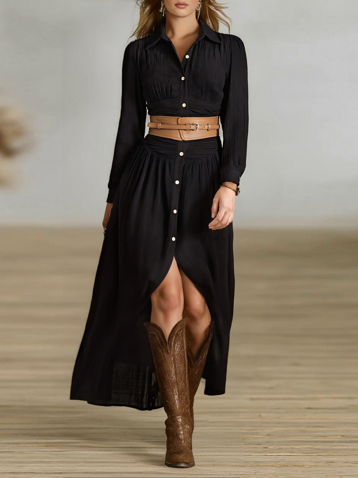 Maxivestido Plisado de Solapa con Botones y Manga Larga de Imitación Algodón y Lino para Mujer
