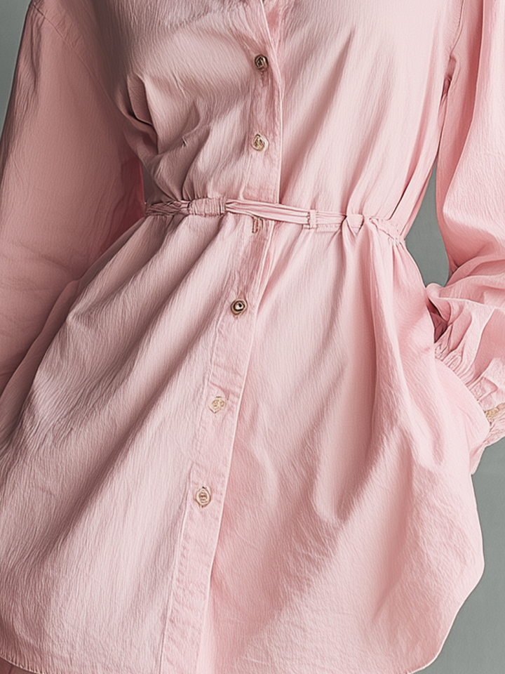 Women's Casual Pink Mini Dress With Collared Neckline & Balloon Sleeves