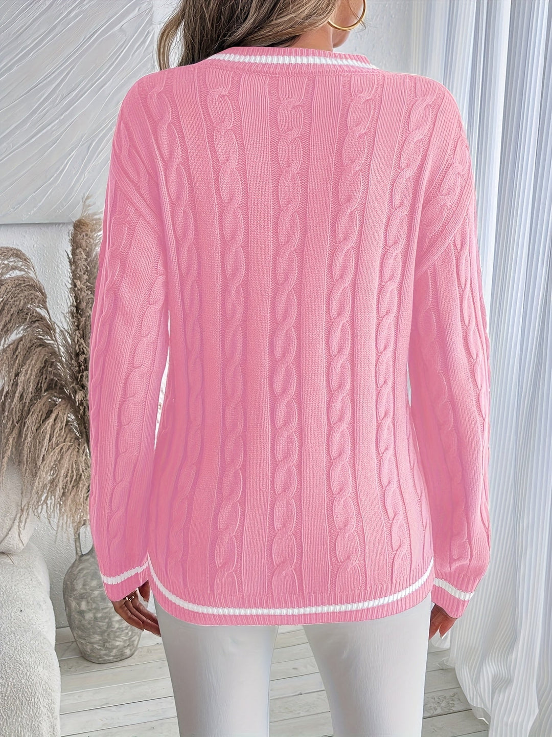 Comfortable Cable Knit Sweater for Women with V Neck Long Sleeve Striped Trim Relaxed Oversized Style