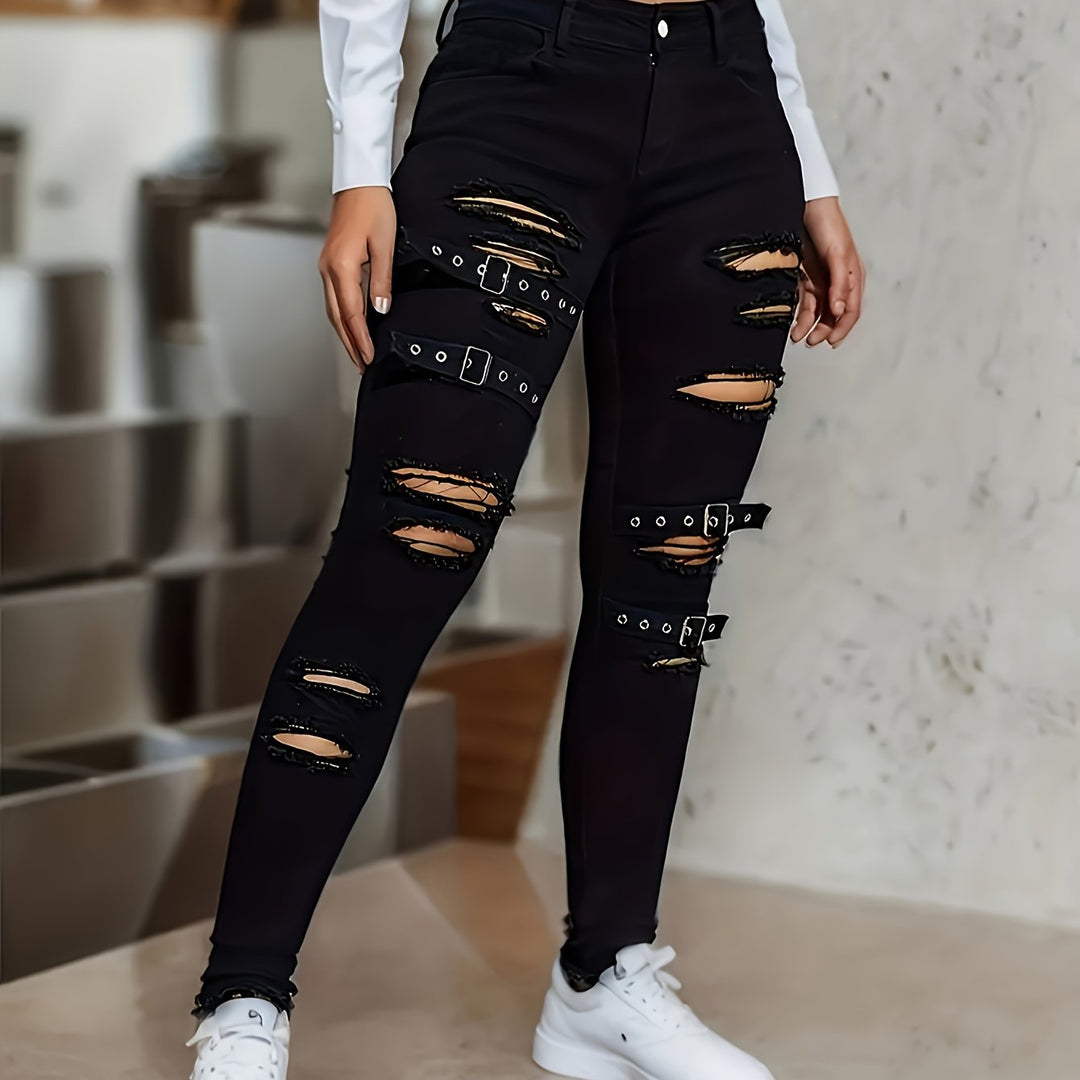 Stylish Black Distressed Buckle Jeans for Women with Buckle Strap Ripped Relaxed Style