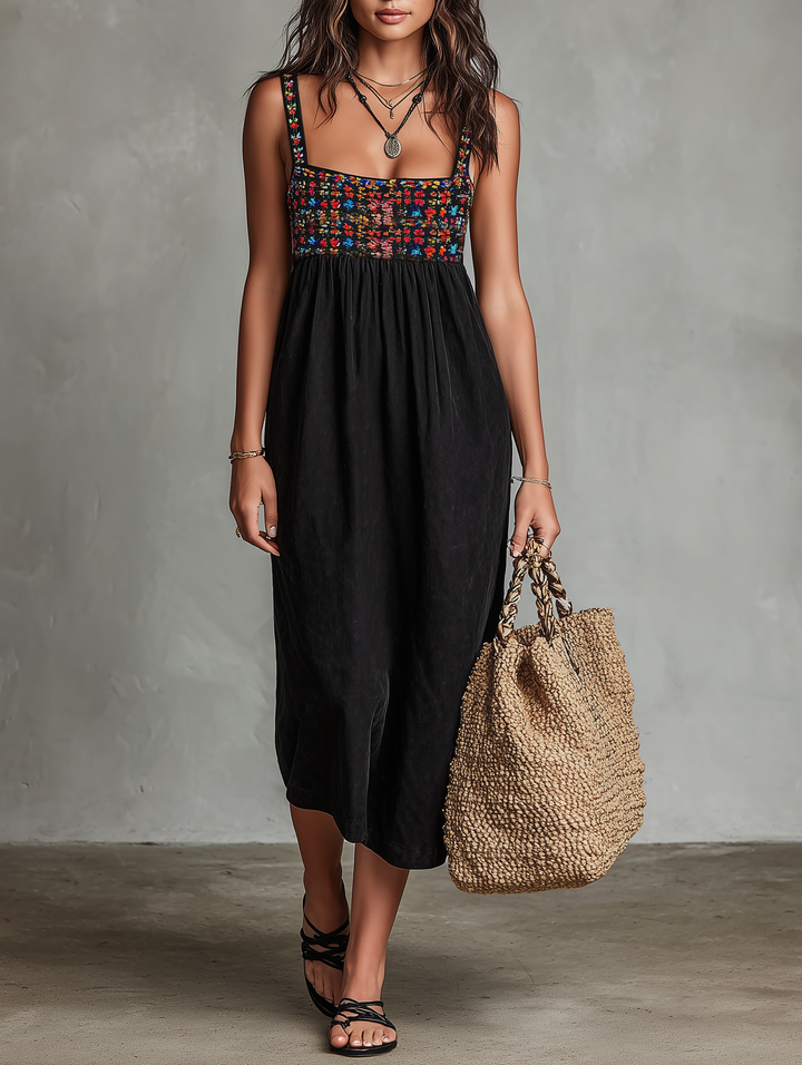 Damen Urlaubsstil Midikleid aus besticktem Kunstwildleder