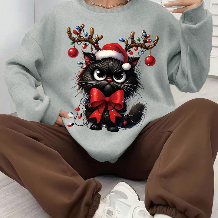 Comfortable Christmas Tacky Sweater for Women with Crew Neck Long Sleeve Cat Graphic Oversized Knit Style