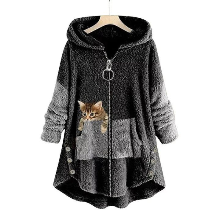 Comfortable Cat Print Fleece Sweatshirt for Women with Hooded Long Sleeve High Low Oversized Casual Style