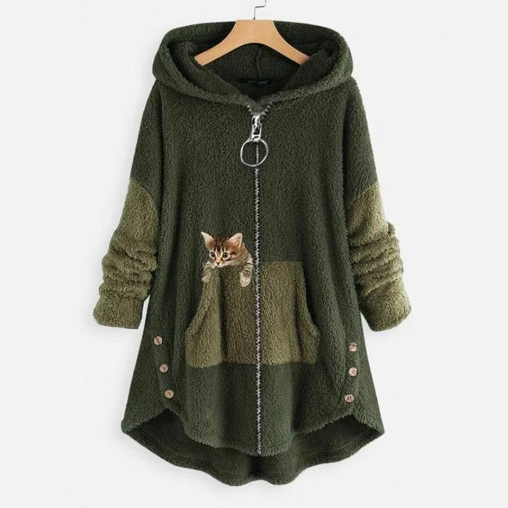 Comfortable Cat Print Fleece Sweatshirt for Women with Hooded Long Sleeve High Low Oversized Casual Style