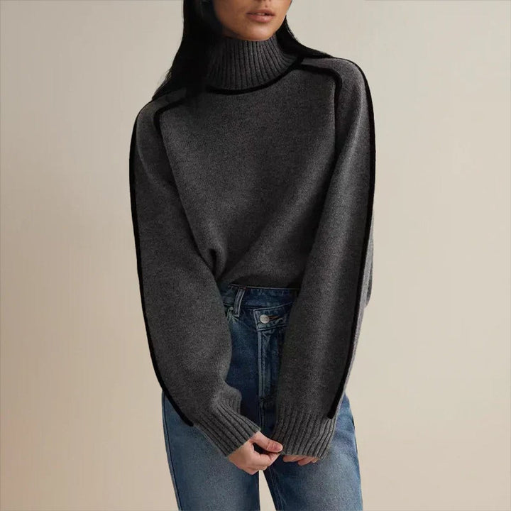 Comfortable Contrast Piping Sweater for Women with Turtleneck Long Sleeve Oversized Ribbed Knit Style