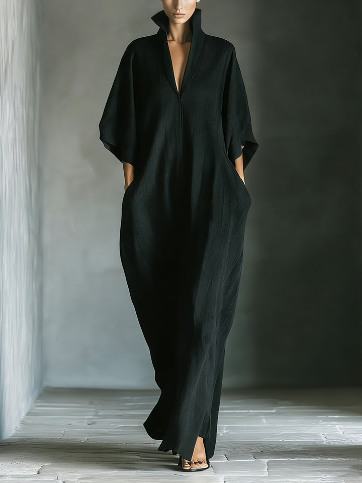 Maxivestido Oversize de Manga Kimono de Tela de Mezcla de Algodón Negro con Bolsillos para Mujer
